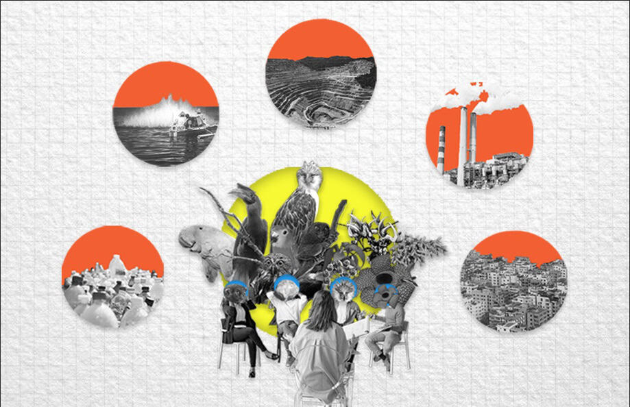 A collage featuring five people seated in a semicircle facing animals, surrounded by orange-circled images of pollution, factories, cities, illegal fishing, and melting icebergs.